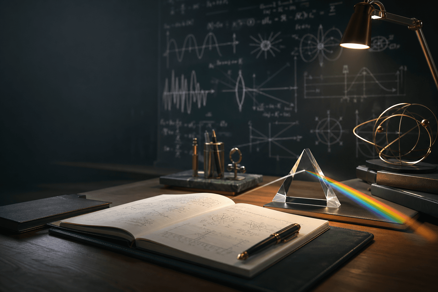 Premium Physics study desk with optics and equations